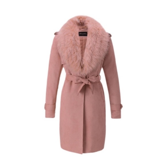 Soft Pink Suede Trench Coat Cardigan w/ removable Faux Fur Collar